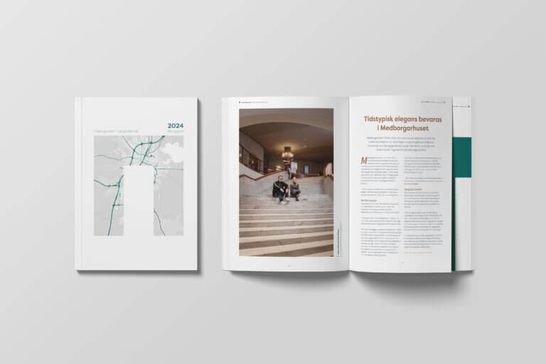 Örebroporten årsrapport 2024. Mockup med omslag och ett uppslag.