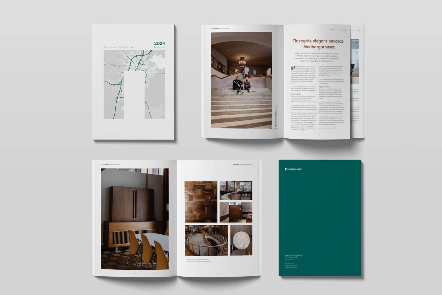 Örebroporten årsrapport 2024. Mockup med omslag och två uppslag.